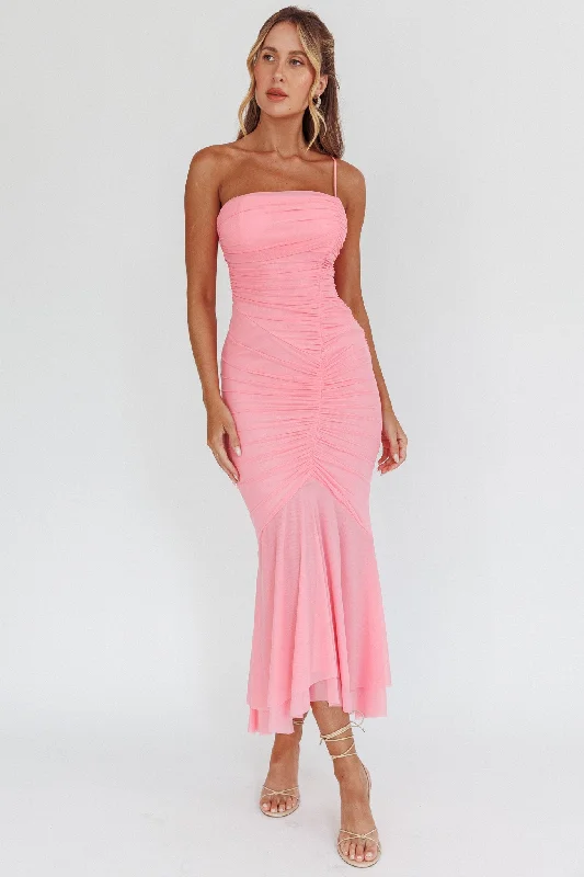 ladies-maxi-dress-street-style-By Chance One Strap Ruched Maxi Dress Pink