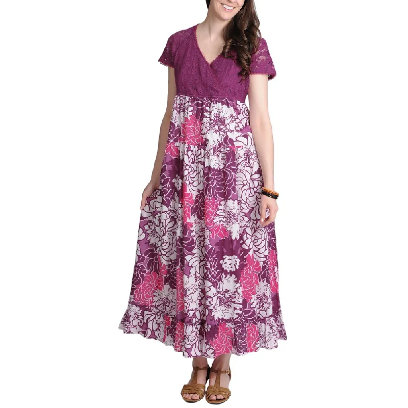 ladies-floral-dress-wedding-guest-La Cera Women's Purple Lace and Floral Two-Tone V-Neck Maxi Dress