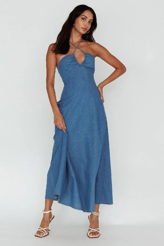 ladies-maxi-dress-swing-style-Leilana Halterneck Maxi Dress Denim