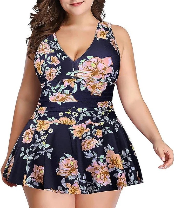 ladies-floral-dress-slate-gray-Swimdress Two Piece Retro V-Neck Swimsuit with Ruffles Floral Print