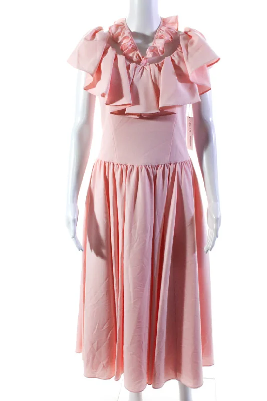 ladies-trumpet-dress-statement-piece-Adeam Womens Boat Nek Ruffle Sleeveless Fit Flare Goldfish Maxi Dress Pink