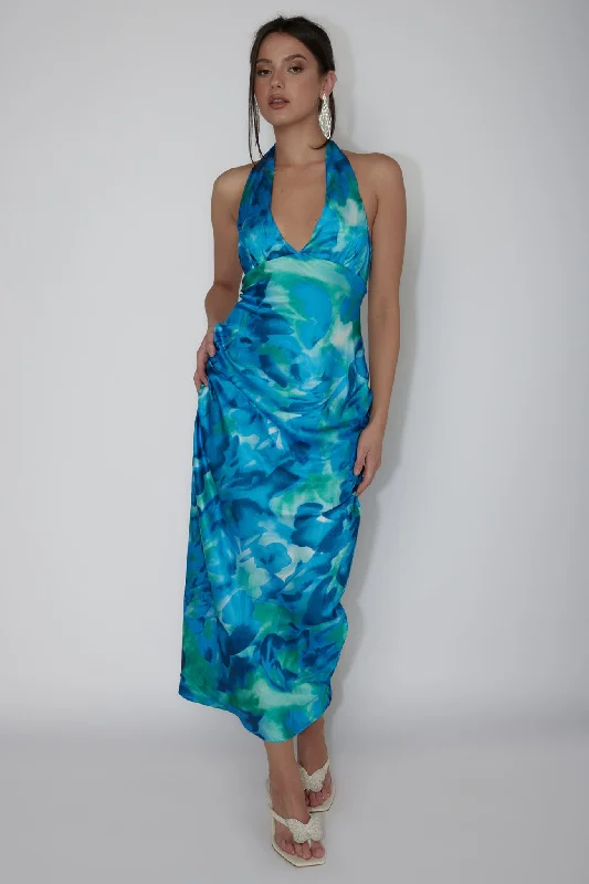 ladies-maxi-dress-eggplant-deep-Martia Halterneck Maxi Dress Floral Green