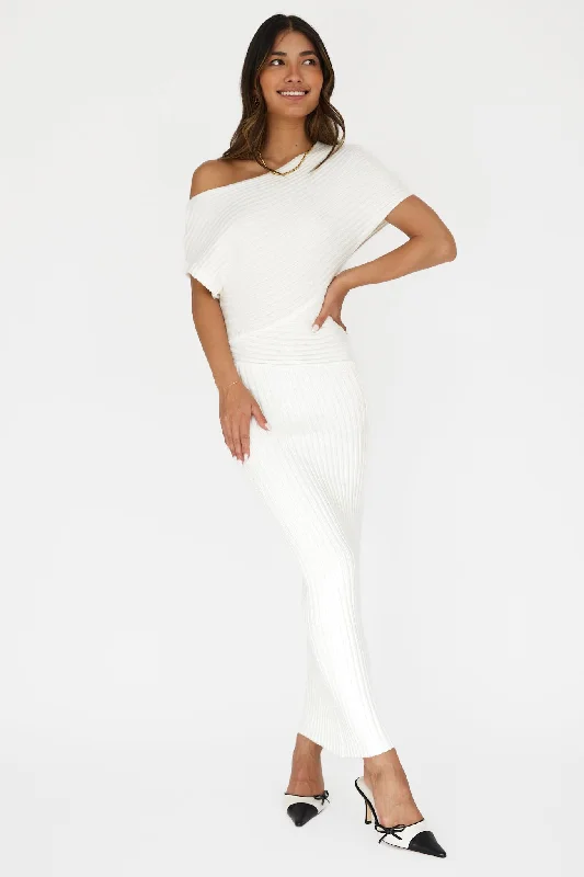 ladies-maxi-dress-off-shoulder-Kaelyn Asymmetric Neck Knit Maxi Dress White