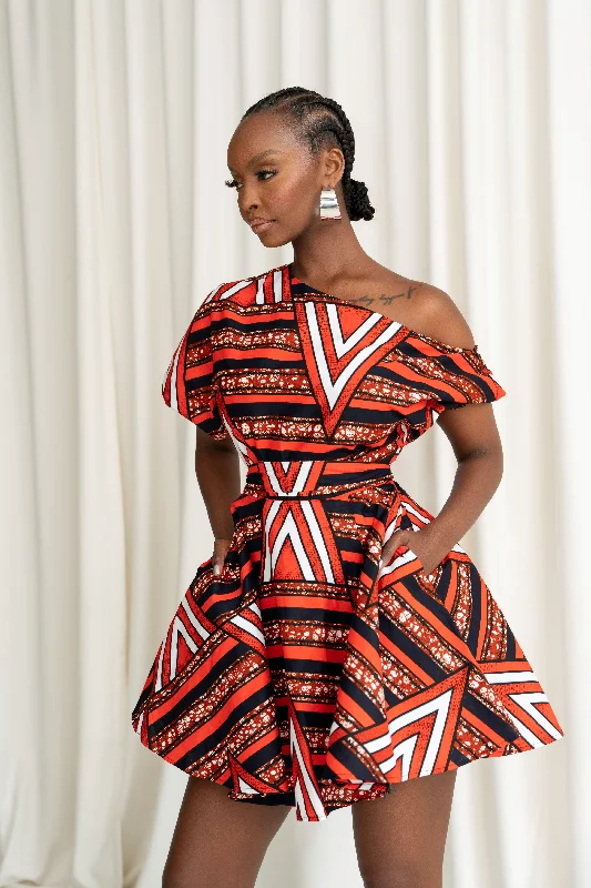 ladies-mini-dress-high-waist-JUNO African Print One-shoulder Mini Dress