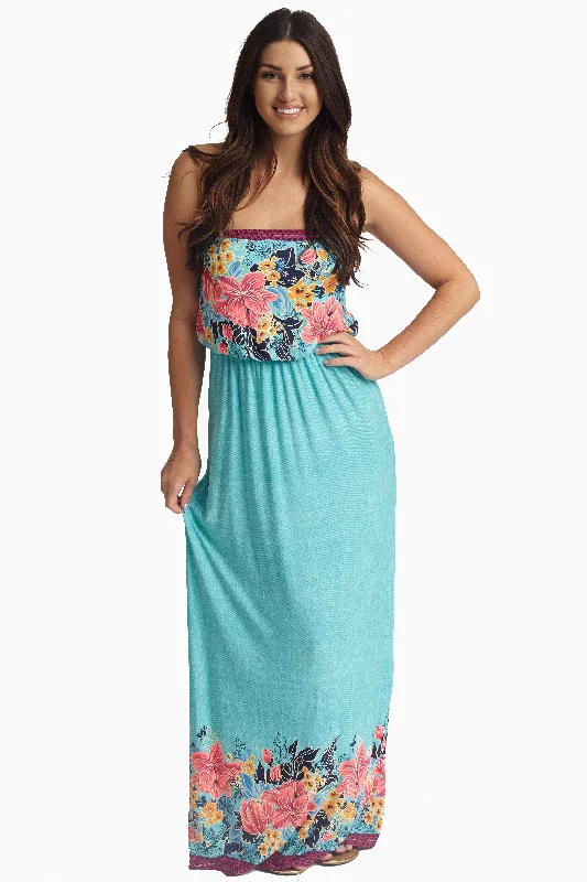 ladies-floral-dress-lilac-blooms-Aqua Tropic Floral Strapless Maxi Dress