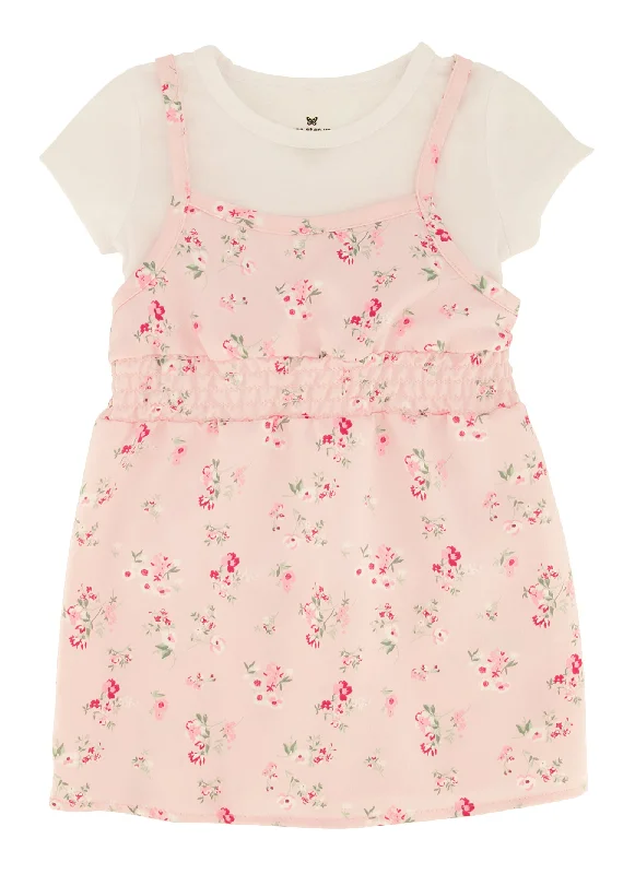 ladies-floral-dress-sporty-vibe-Toddler Girls Floral Print Cami Dress with Short Sleeve Top