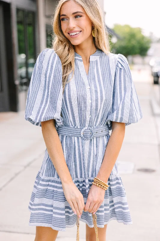 ladies-mini-dress-smocked-waist-Catch A Smile Navy Stripe Mini Dress