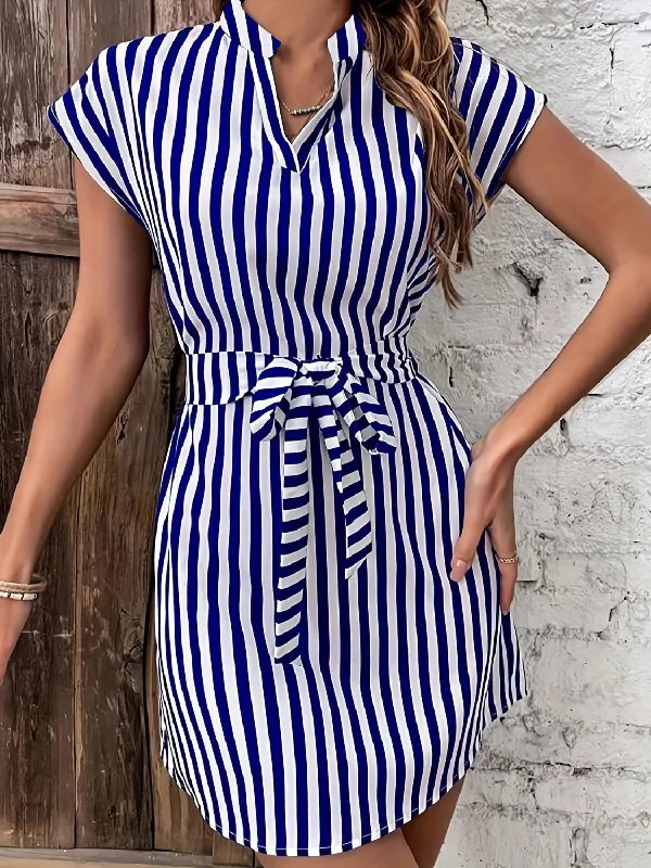 ladies-mini-dress-tunic-length-Tied Striped Cap Sleeve Mini Dress