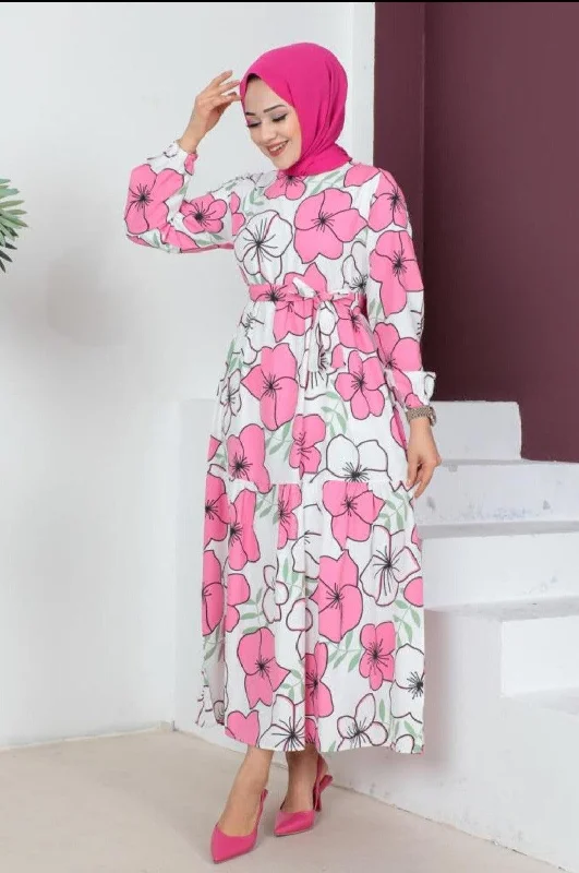 ladies-floral-dress-dance-floor-Floral Patterned Long Dubai Abaya Dress for Muslim Women