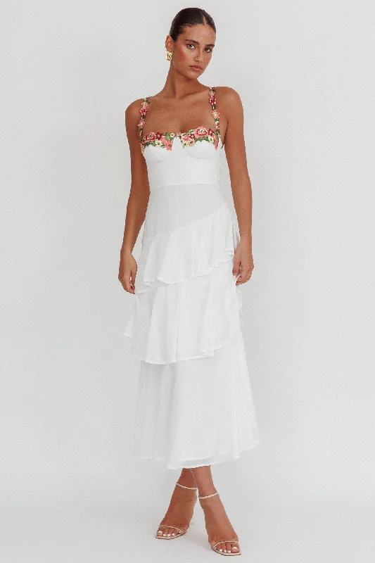 ladies-maxi-dress-playful-design-Rose Garden Tiered Ruffle Floral Trim Maxi Dress White