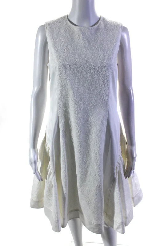 ladies-trumpet-dress-elegant-silhouette-Adeam Womens Kathleen Lace Poplin Sleeveless Flare Trapeze Dress White