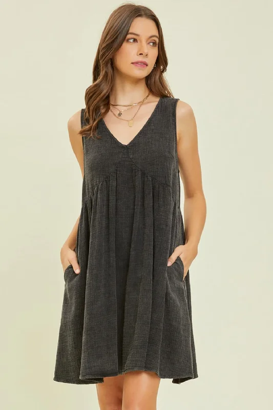 ladies-mini-dress-party-wear-HEYSON Texture V-Neck Sleeveless Flare Mini Dress