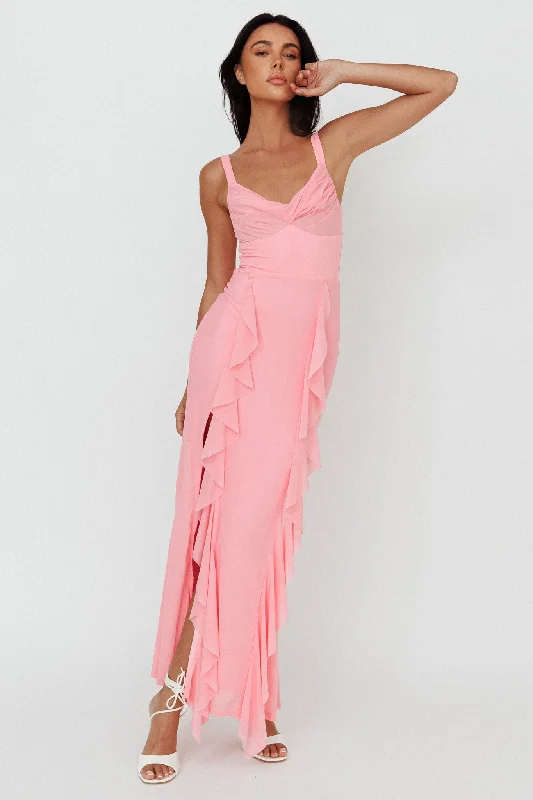 ladies-maxi-dress-indigo-deep-Hollianna Ruffle Trim Split Maxi Dress Blush