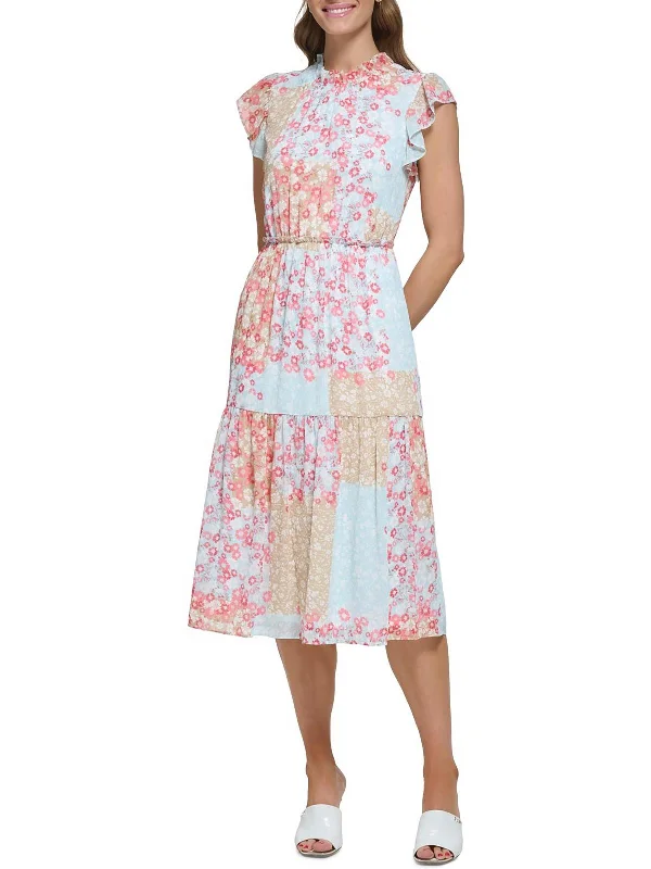 ladies-midi-dress-shimmer-finish-Womens Floral Tiered Midi Dress