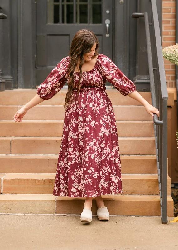 ladies-floral-dress-aqua-flowers-Floral Textured Print Burgundy Midi Dress