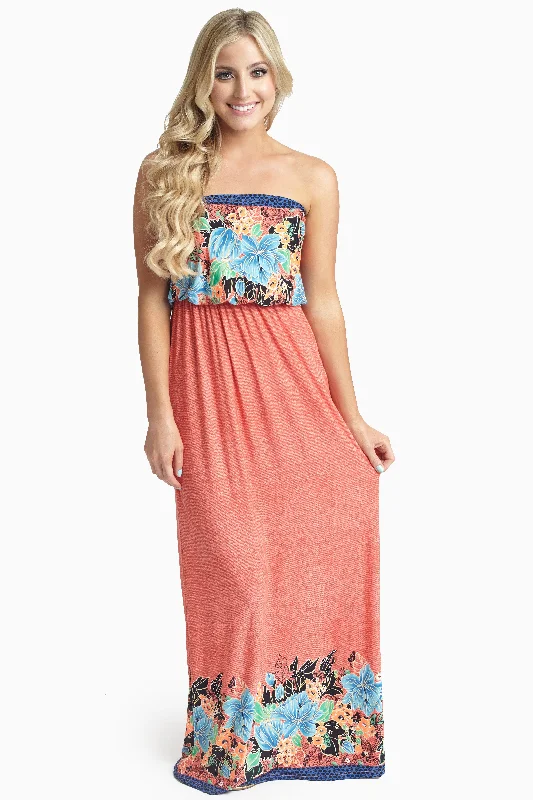 ladies-floral-dress-navy-florals-Coral Tropic Floral Strapless Maxi Dress