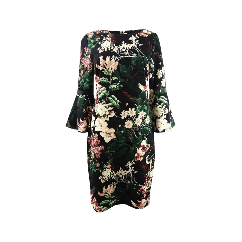 ladies-floral-dress-online-sale-Calvin Klein Womens Floral Bell Sleeve Sheath Dress, Black, 2