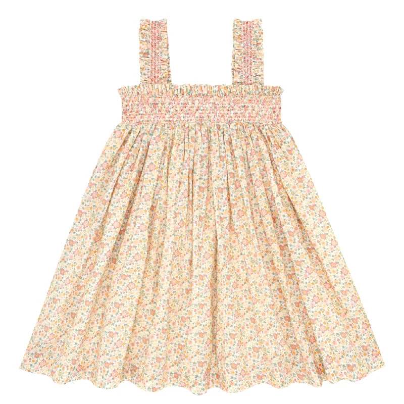 ladies-floral-dress-photo-ready-girls marigold floral ruffle strap smocked dress