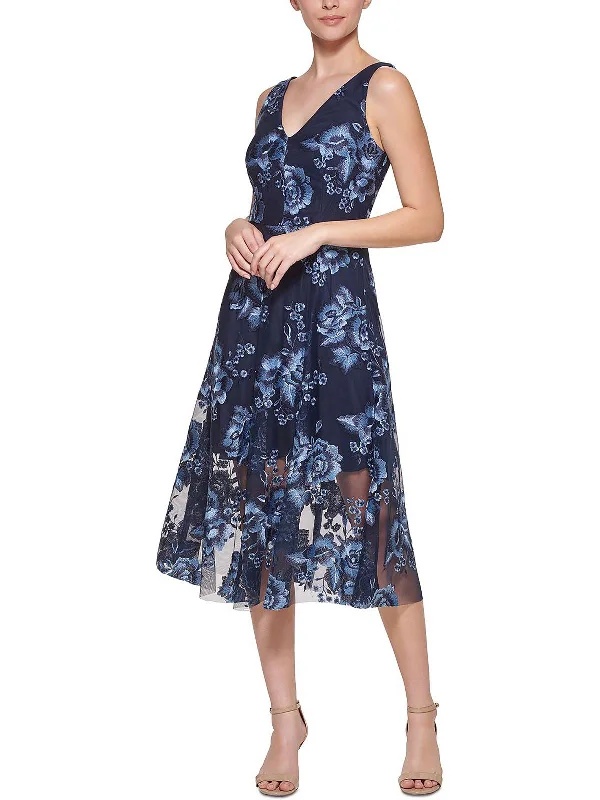 ladies-midi-dress-linen-fabric-Womens Floral Calf Midi Dress