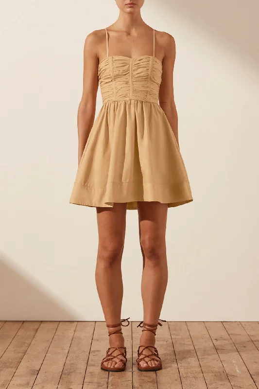 ladies-mini-dress-sophisticated-ESTELA RUCHED PANEL MINI DRESS - SAND