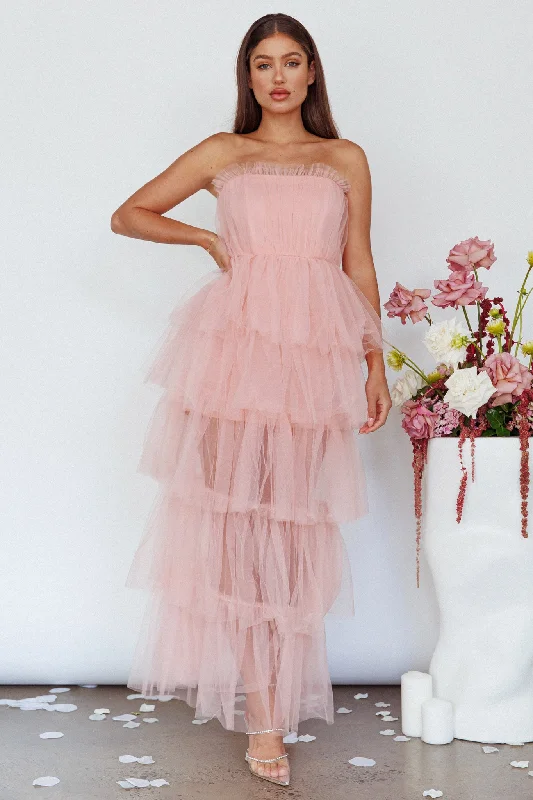 ladies-maxi-dress-flirty-look-Written In The Stars Layered Tulle Maxi Dress Pink