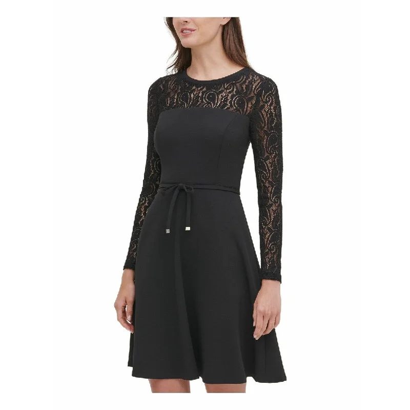 ladies-trumpet-dress-satin-finish-Tommy Hilfiger Women's Lace-Sleeve Fit & Flare Dress Black Size 4