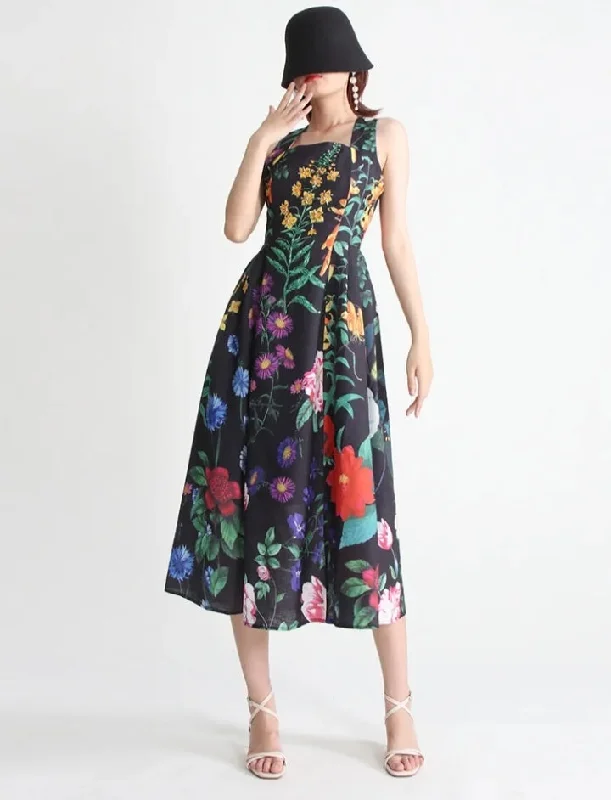 ladies-floral-dress-fitted-bodice-Fashionella Vintage Style Beaded Floral Patterned Midi Dress