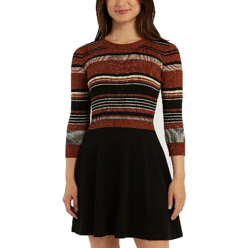 ladies-trumpet-dress-cocktail-party-Juniors Womens Striped Fit & Flare Sweaterdress