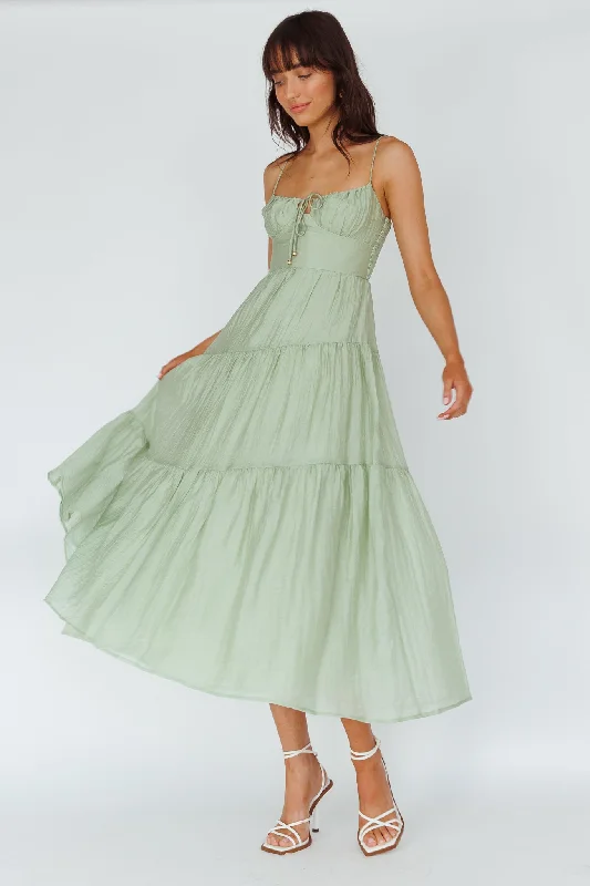 ladies-maxi-dress-ruffle-hem-Doe Tie Bust Maxi Dress Sage