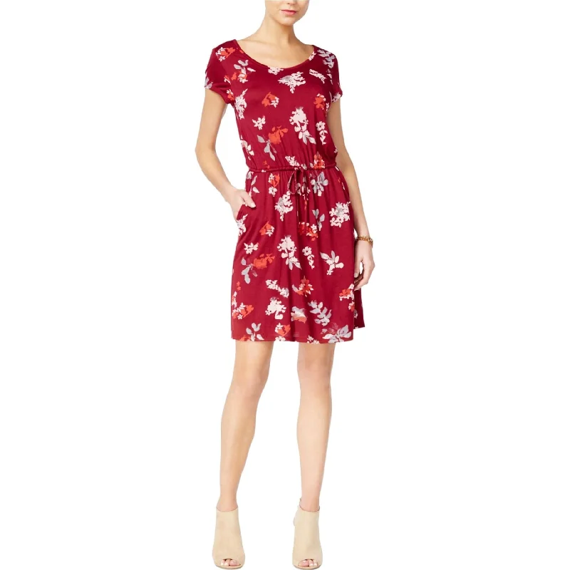 ladies-floral-dress-cowl-neck-Lucky Brand Womens Floral Drawstring Shift Dress, Red, X-Small