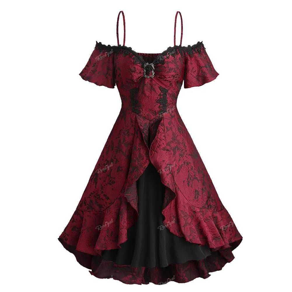 ladies-floral-dress-draped-front-Gothic Cold Shoulder Dress Floral Jacquard Buckle For Women