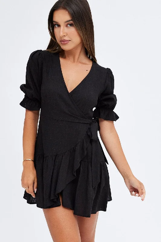 ladies-trumpet-dress-sleeveless-Black Fit And Flare Dress Puff Sleeve Linen Blend