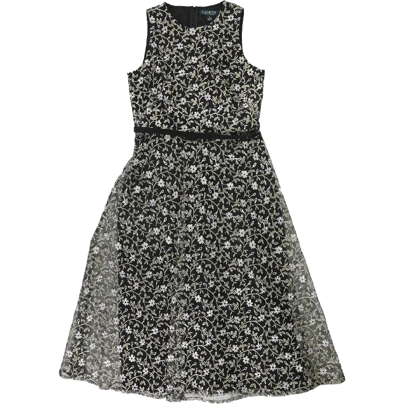 ladies-floral-dress-tiered-skirt-Ralph Lauren Womens Floral Embroidery Shift Dress, Black, 0