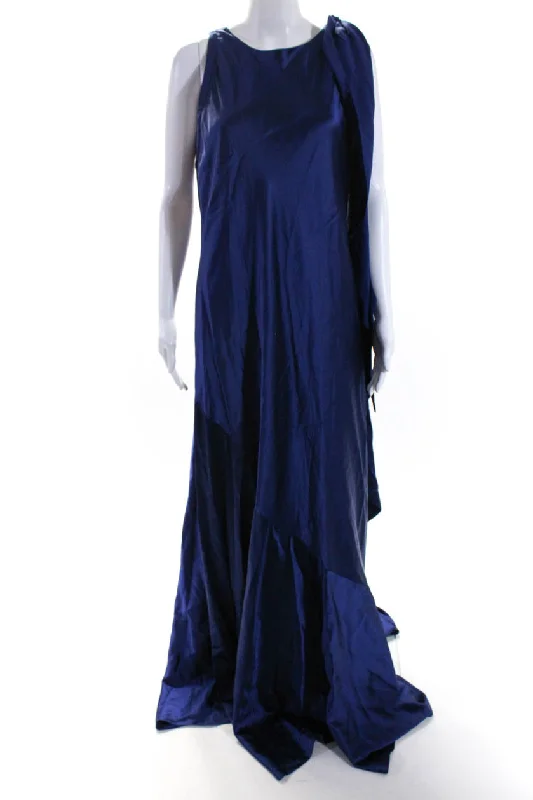 ladies-trumpet-dress-ruched-detail-Talbot Runhof Women's Scoop Neck Sleeveless Flare Maxi Dress Navy Blue