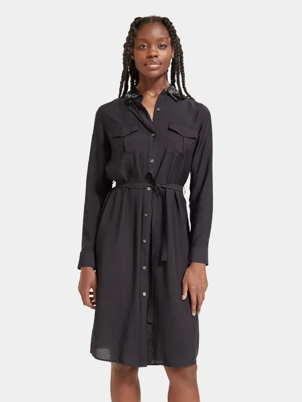 ladies-midi-dress-day-to-night-Beaded collar midi shirt dress