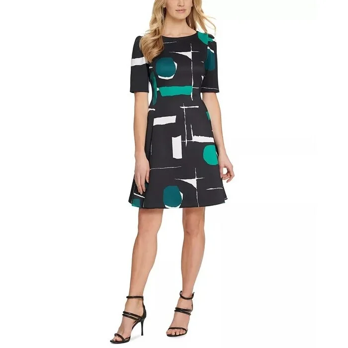 ladies-trumpet-dress-versatile-look-DKNY Women's Printed Puff-Sleeve Fit & Flare Dress Green Size 16