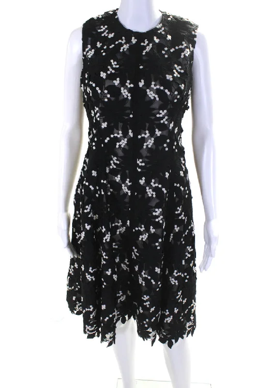 ladies-trumpet-dress-breathable-fabric-Lela Rose Womens Back Zip Embroidered Overlay Flare Dress Black White