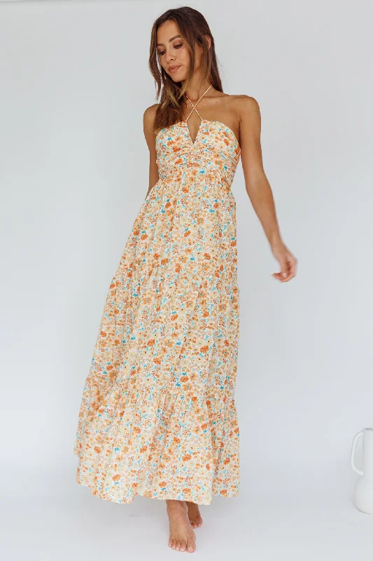 ladies-maxi-dress-belted-waist-Asiah Halterneck Maxi Dress Flowers Orange