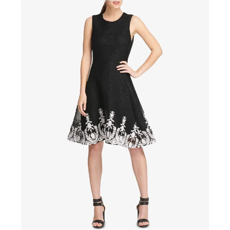 ladies-trumpet-dress-chic-style-DKNY Women's Sleeveless Embroidered Fit & Flare Dress Black Size 4