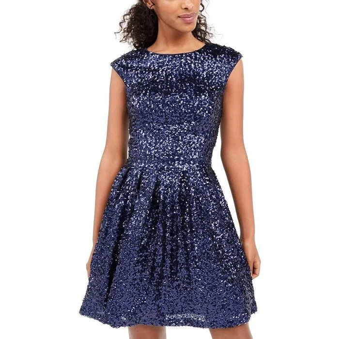 ladies-trumpet-dress-flowy-skirt-Emerald Sundae Junior's Sequined Fit & Flare Dress Blue Size Medium