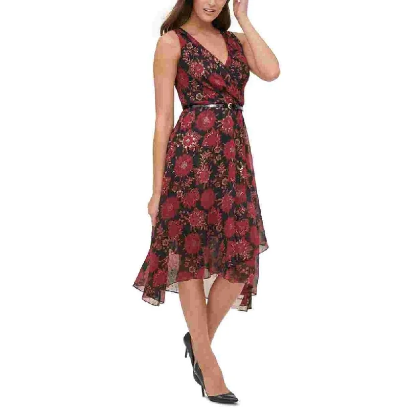 ladies-floral-dress-rust-accents-Tommy Hilfiger Women's Burgundy Belted Floral Sleeveless V Neck Midi Sheath Dress Red Size 12