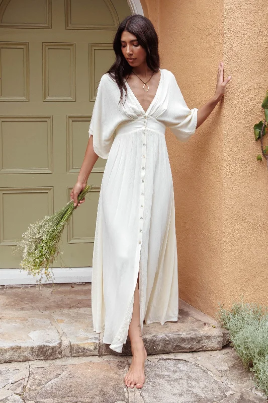 ladies-maxi-dress-scoop-neck-Paradise Found V-Neck Button Maxi Dress Natural