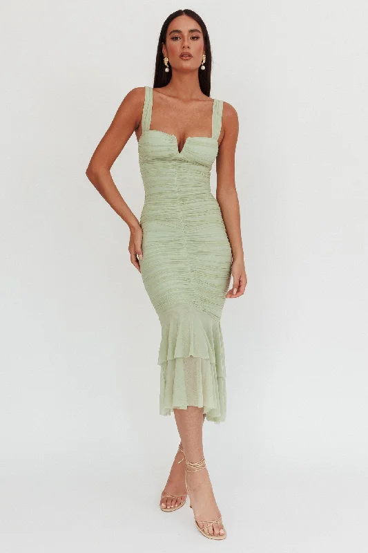 ladies-maxi-dress-crochet-detail-Nadia Ruched Fishtail Maxi Dress Pistachio