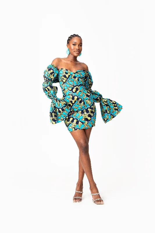 ladies-mini-dress-minimalist-BADE African Print Off-shoulder Puffy Sleeve Mini Dress