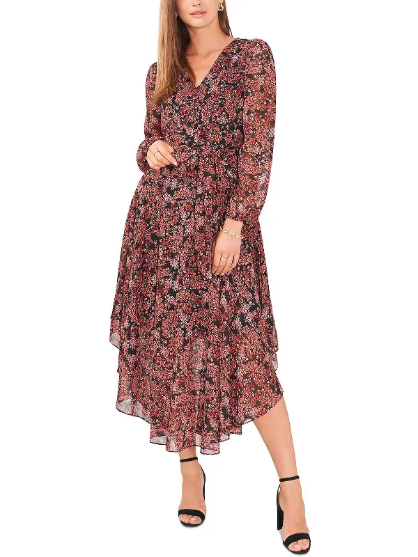 ladies-midi-dress-flowy-design-Petites Womens Shimmer Long Sleeve Midi Dress