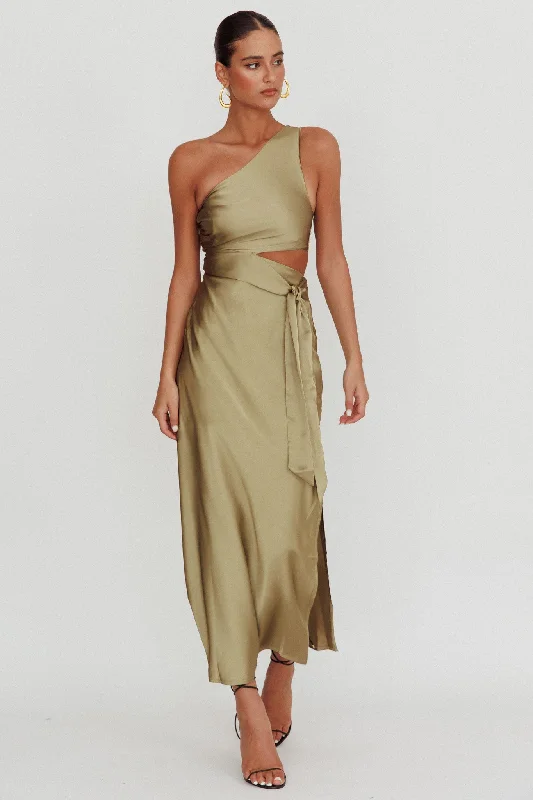 ladies-maxi-dress-sustainable-fashion-Abloom One Shoulder Satin Maxi Dress Khaki