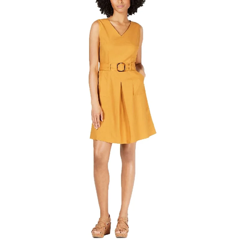 ladies-trumpet-dress-shimmer-finish-Monteau Women's Petite Belted Fit & Flare Dress Mustard Size Medium