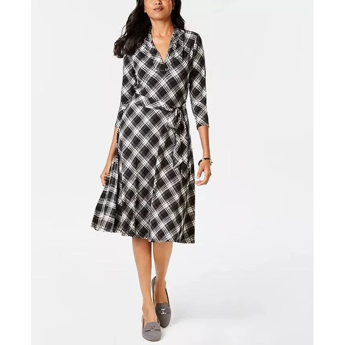 ladies-trumpet-dress-fitted-bodice-Charter Club Women's Plaid Fit & Flare Dress Black Size Petite Small - Petite Small