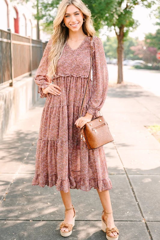 ladies-floral-dress-boho-chic-Out In The World Rust Red Ditsy Floral Midi Dress