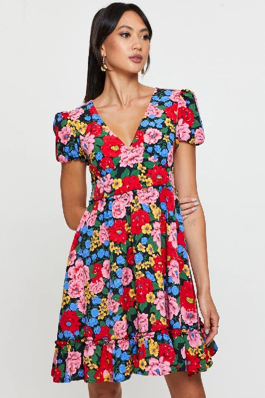 ladies-trumpet-dress-embroidery-Print Fit And Flare Dress Short Sleeve V Neck